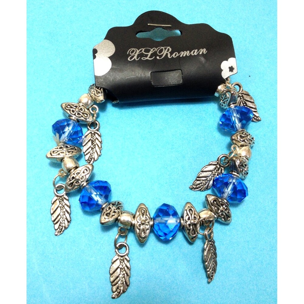 Fancy Beaded Stretch Bracelet Blue Crystal Beads and Feather Charms By XL Roman